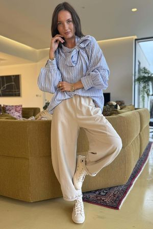 Nantucket Stripe Tie Neck Blouse Light Denim